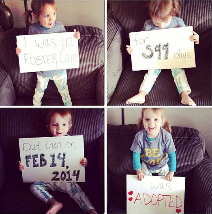 Collage of little girl who was in foster care holding up signs announcing her adoption