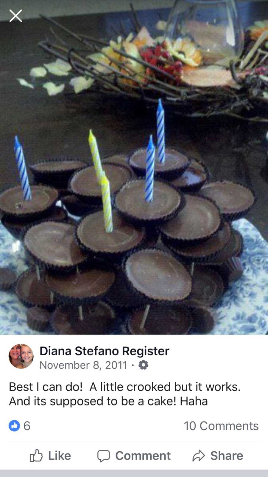 Screenshot of Facebook post of picture that is a pile of Reese's Cups with birthday candles in them