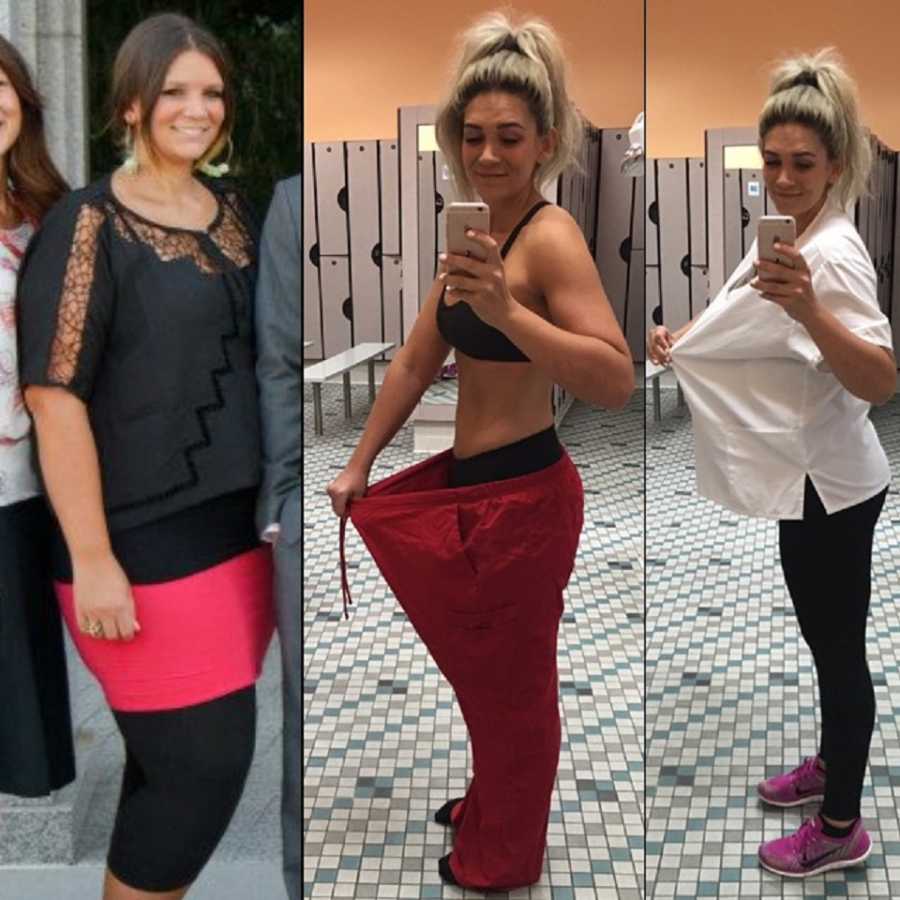 Collage of woman before losing weight and after wearing her old clothes that are too big on her