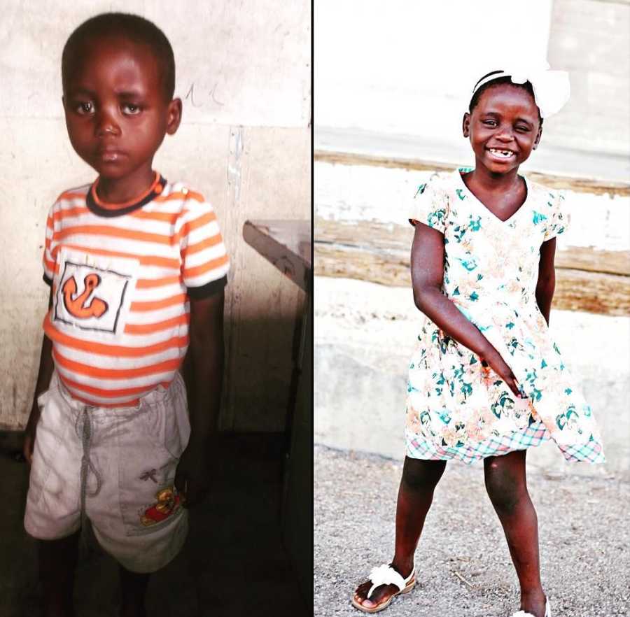 Side by side of young orphan girl husband and wife will adopt