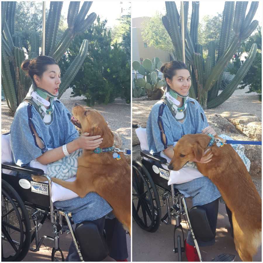 Teen with Ehlers-Danlos Syndrome sits in wheel chair outside with dogs front paws in her lap