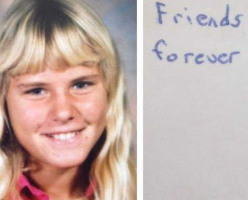 Teen smiles for school picture beside words, "friends forever" written beside it