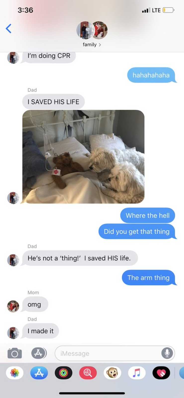 Screenshot of texts between daughter and her father who sent picture of dogs laying beside their toy