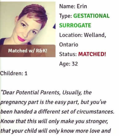 Screenshot of woman who is a surrogate's posting so people can reach out to her