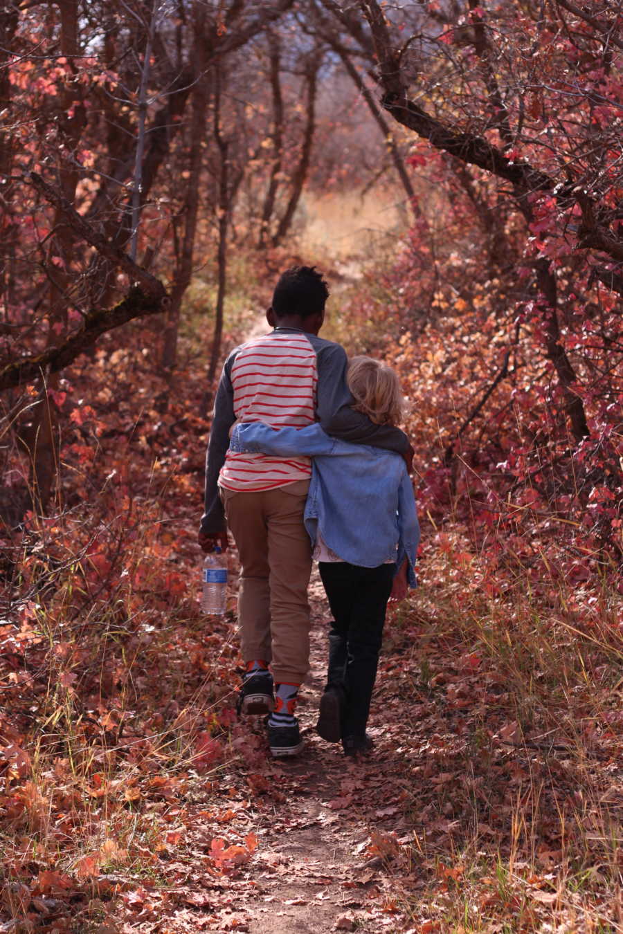 Bi-racial brothers walk on path in forest with arms around each other