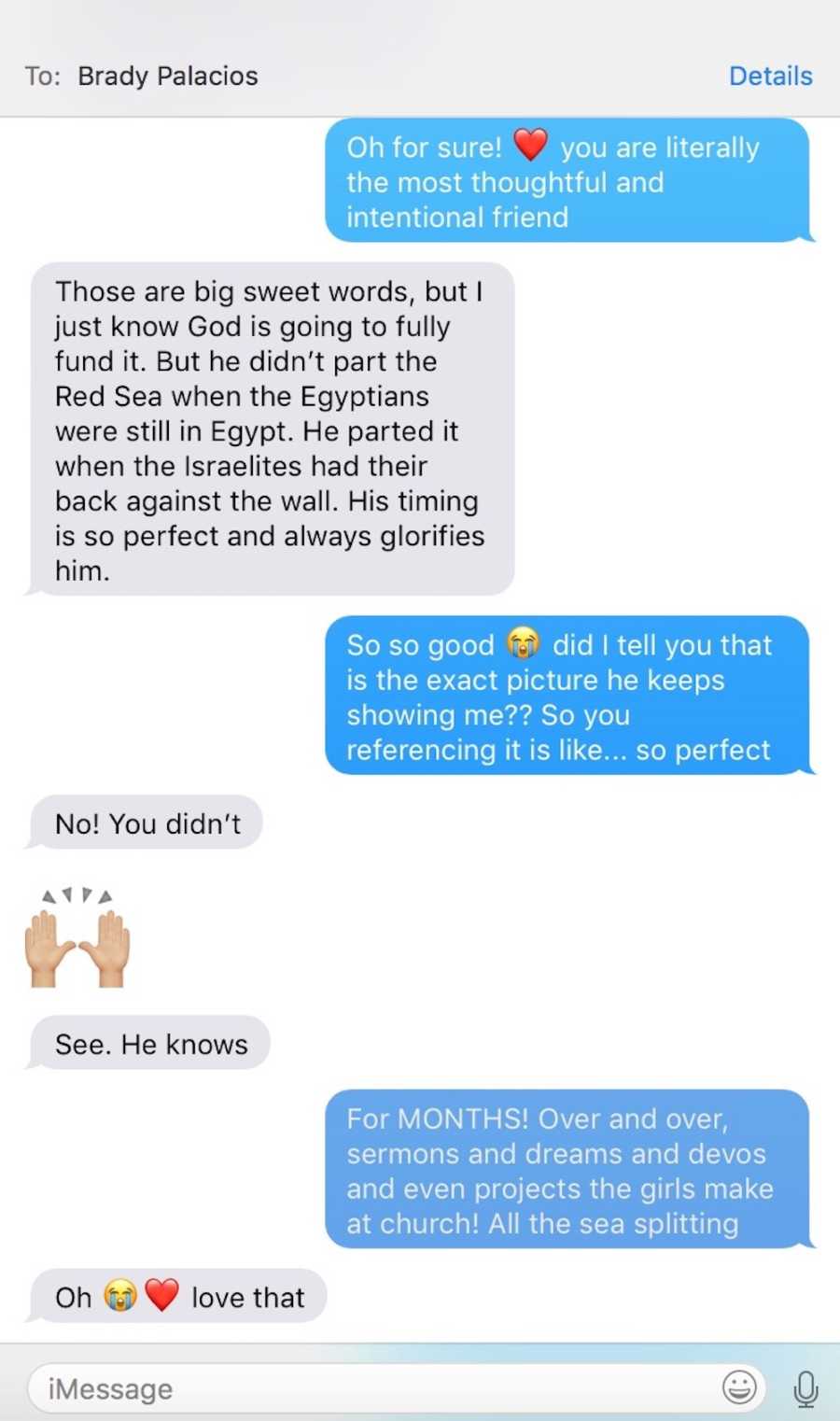 Screenshot of texts between woman who is adopting and her friend who tells story of Exodus