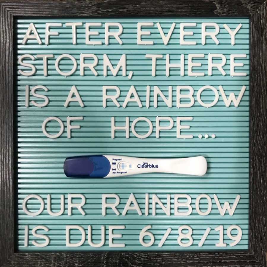 Sign that says, "After every storm, there is a rainbow of hope... Our rainbow is due 6/8/19"