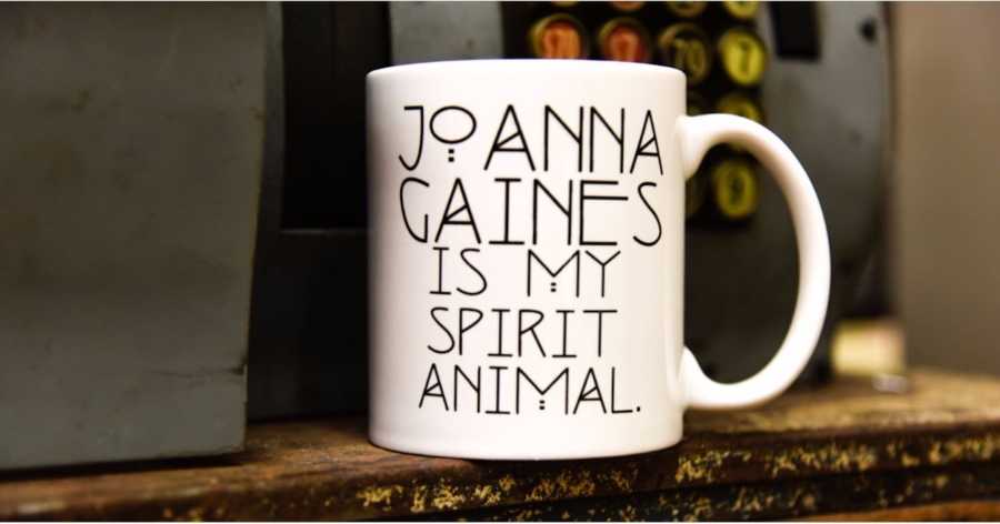 White mug sitting on counter that says, "Joanna Gaines is my spirit animal"