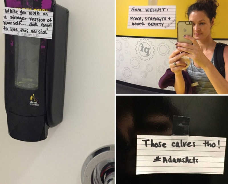 Collage of note cards placed on objects in Planet Fitness woman left to inspire others