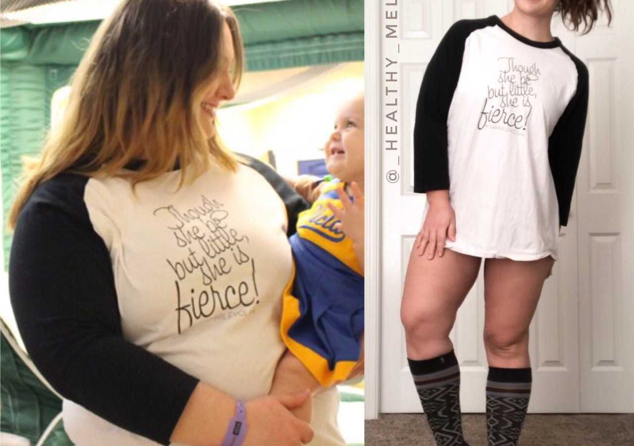 Side by side of mother in same t-shirt before and after losing weight