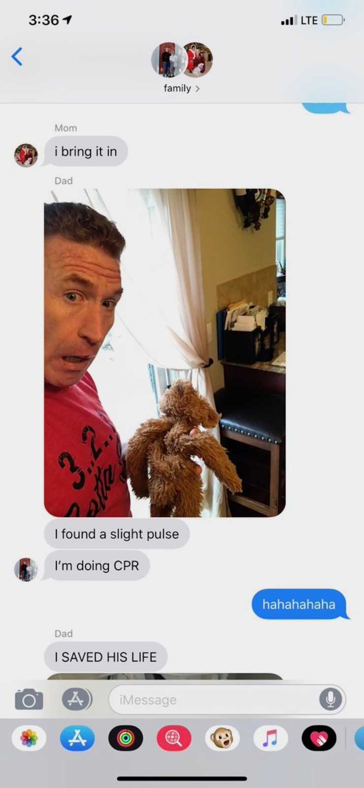 Screenshot of text between daughter and father who found dog's toy torn up