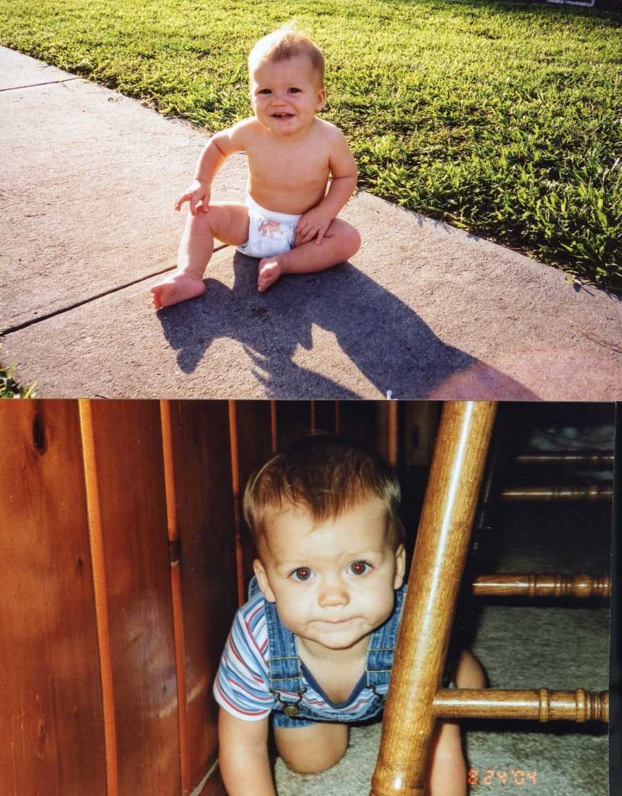 Collage of baby sitting on sidewalk and crawling on ground of home