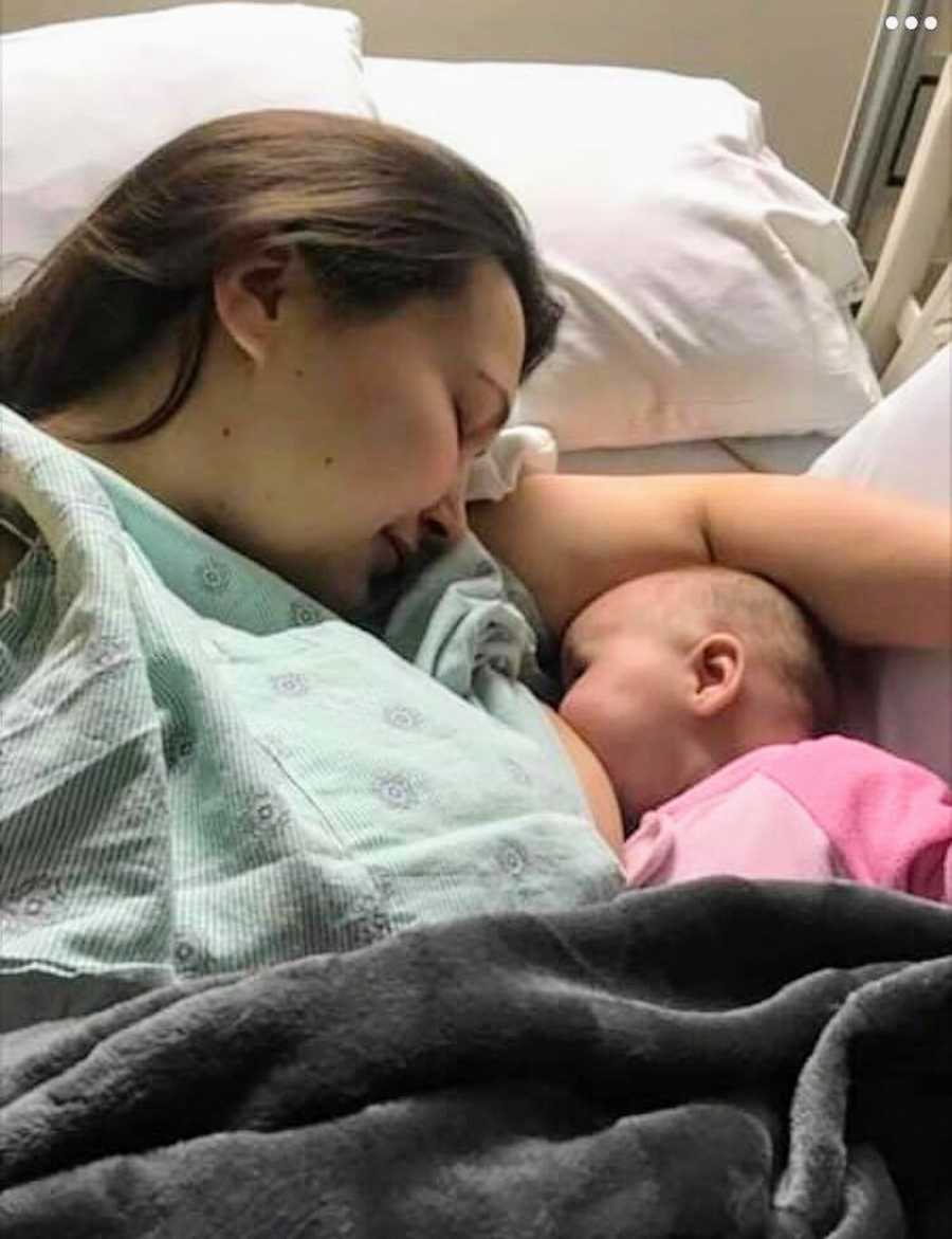 Mother with Acute B-Cell Lymphoblastic Leukemia lays in hospital bed beside baby girl