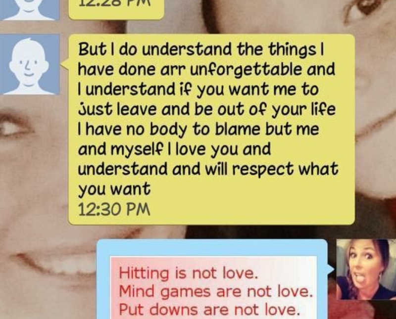 Screenshot of texts from abusive husband apologizing to wife