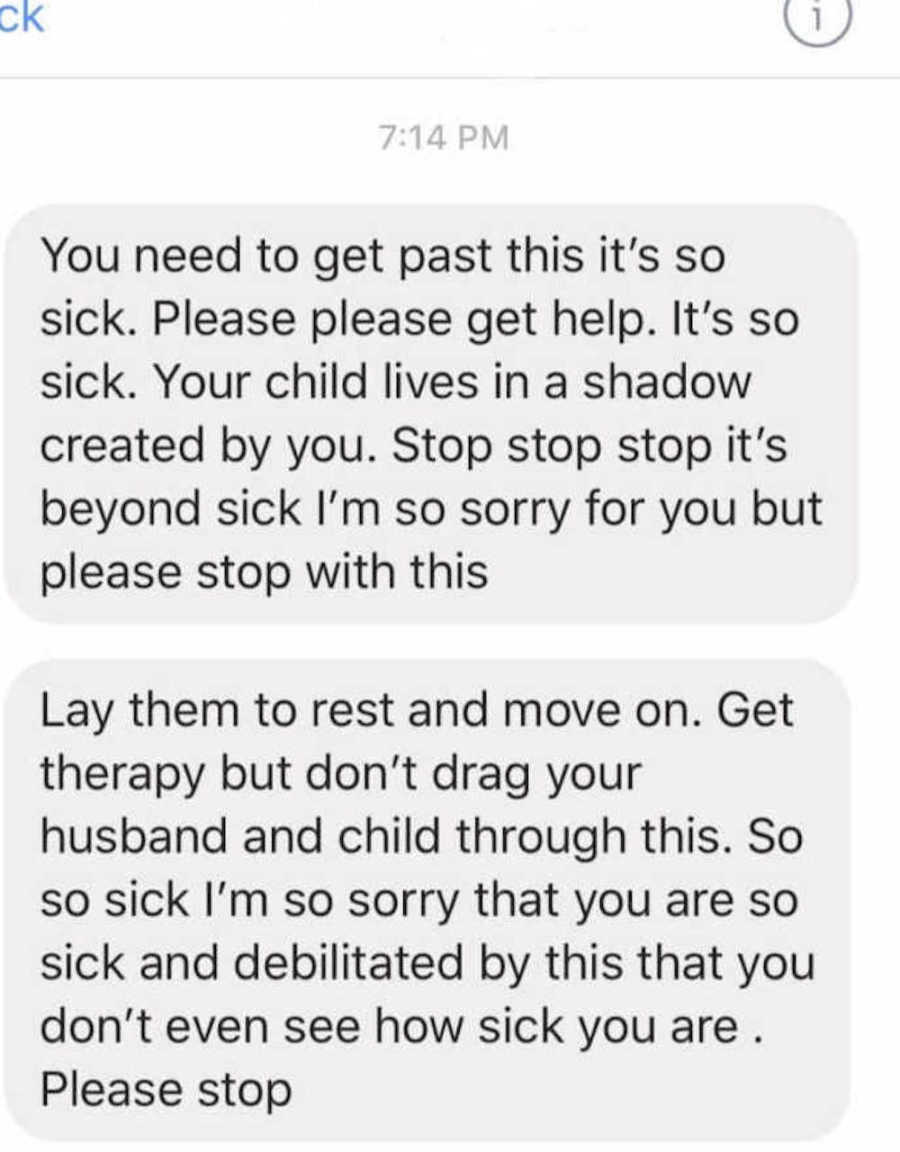 Screenshot of text woman received whose child passed away