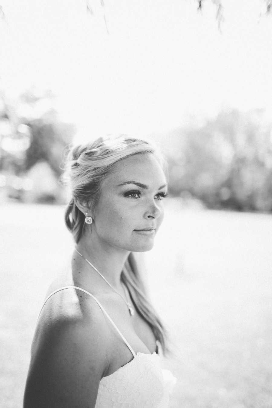 Bride stands outside who groom will one day divorce her