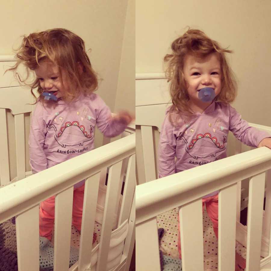 Side by side of little girl standing in crib with bed head and pacifier in mouth