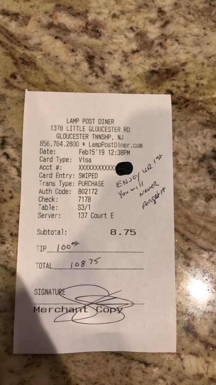 Diner receipt with note from police officer written on it