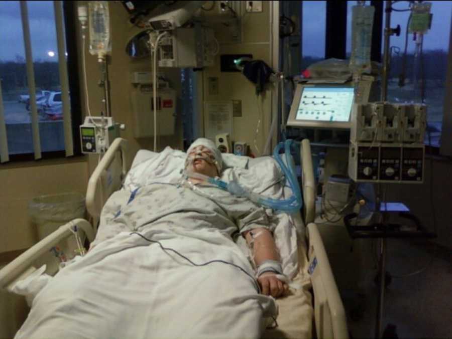 Intubated teen lays in hospital bed in coma after having a seizure from energy drinks