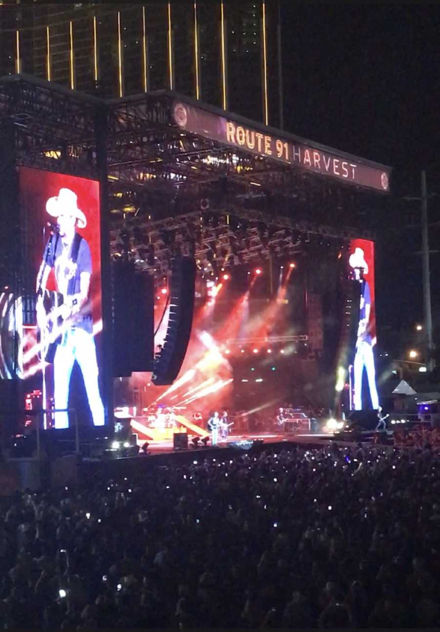 Brad Paisley sings on stage of country music festival in Las Vegas