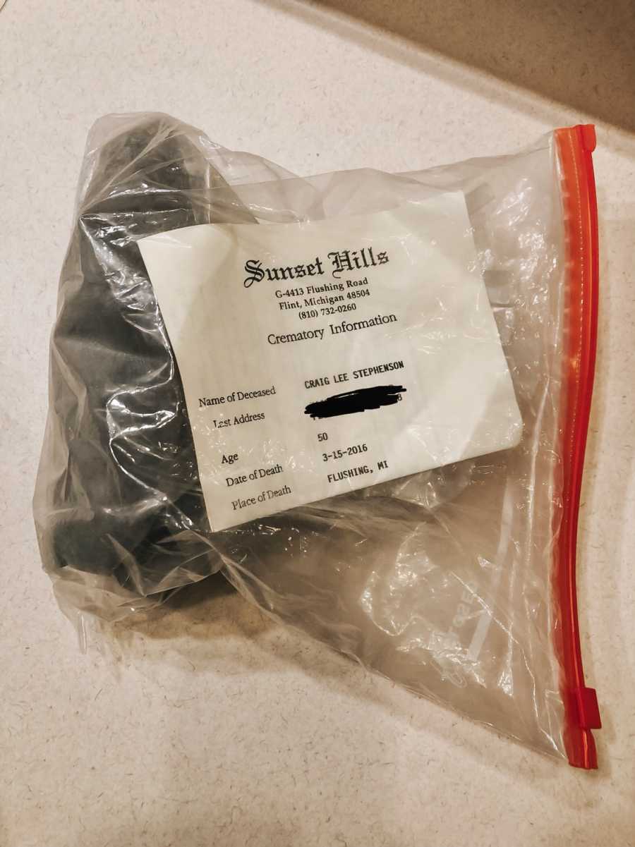 Ziplock bag for man who has passed away's ashes