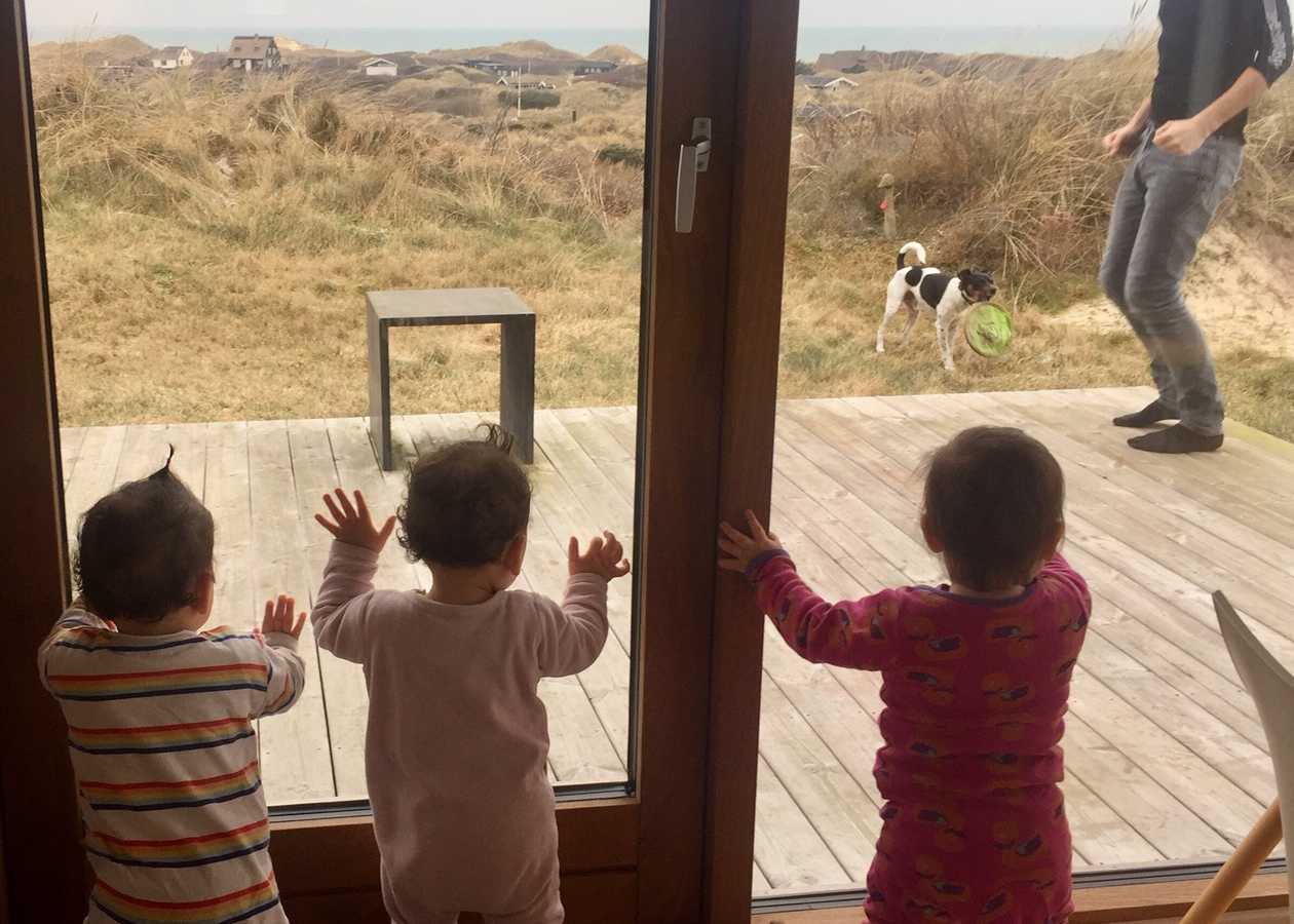 Baby triplets stand inside home with hands on glass door looking out at their dad playing with dog on patio