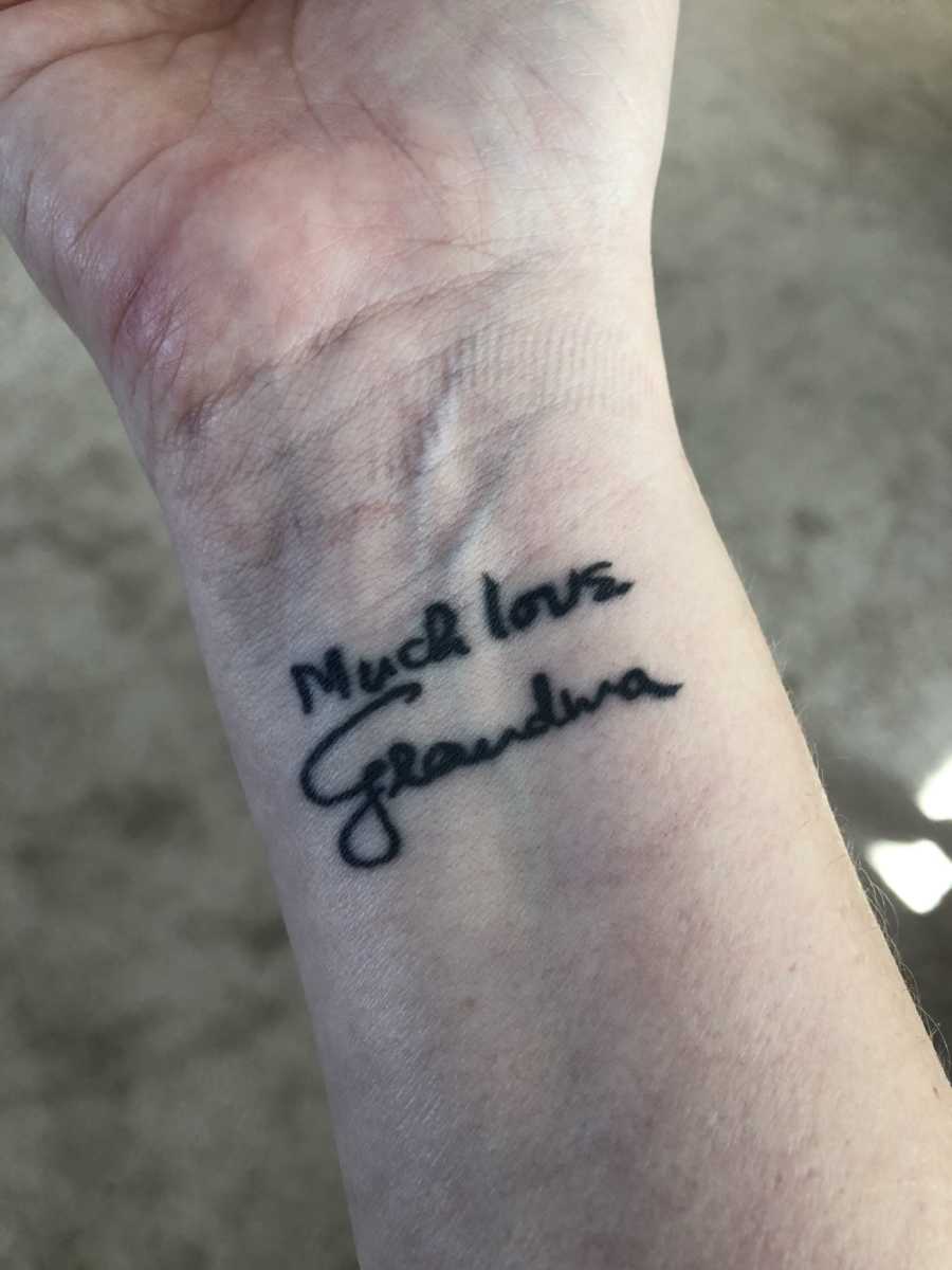 Tattoo on wrist of woman in deceased grandmother's handwriting