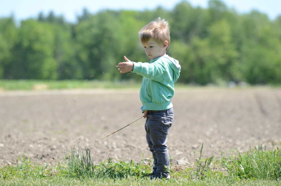 Little boy with autism stands in field holding stick
