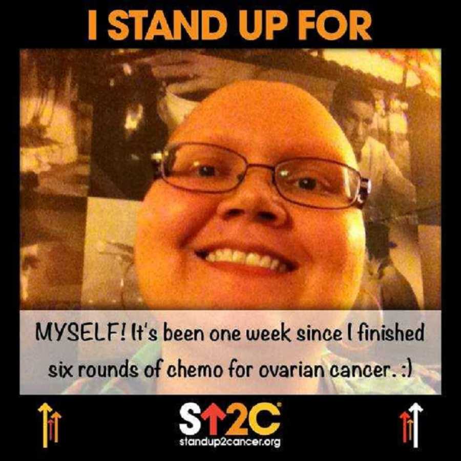 Woman with ovarian cancer smiles in cancer with filter for Stand Up 2 Cancer