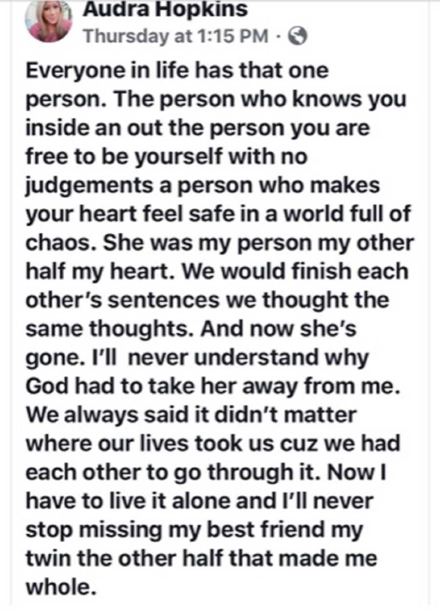 Screenshot of facebook post woman wrote about missing her twin who passed away