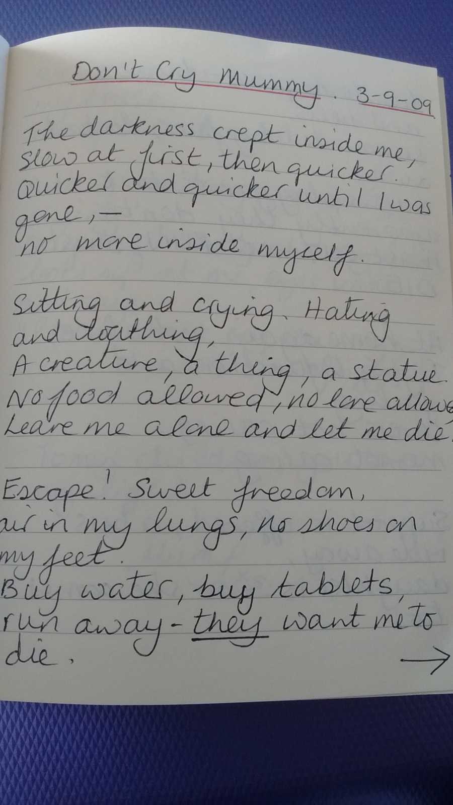 Page of notebook filled with writing from mother who is depressed