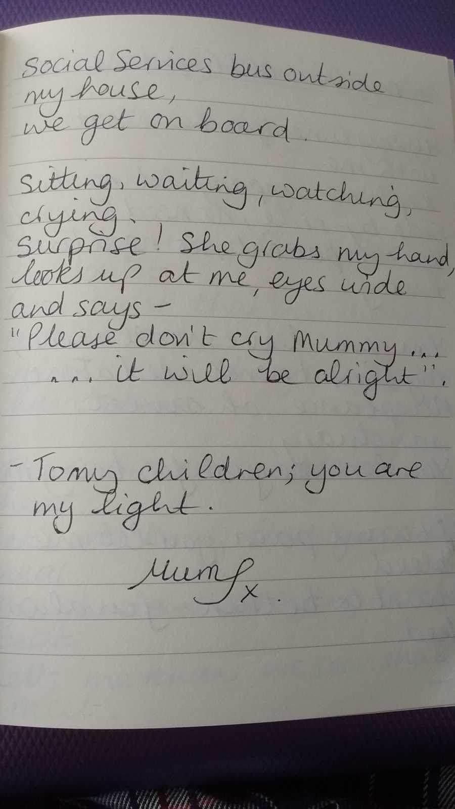 Notebook page filled with writing written by mother who is depressed