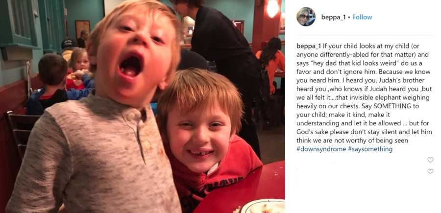 Screenshot of instagram post and caption mother posted about her son with down syndrome