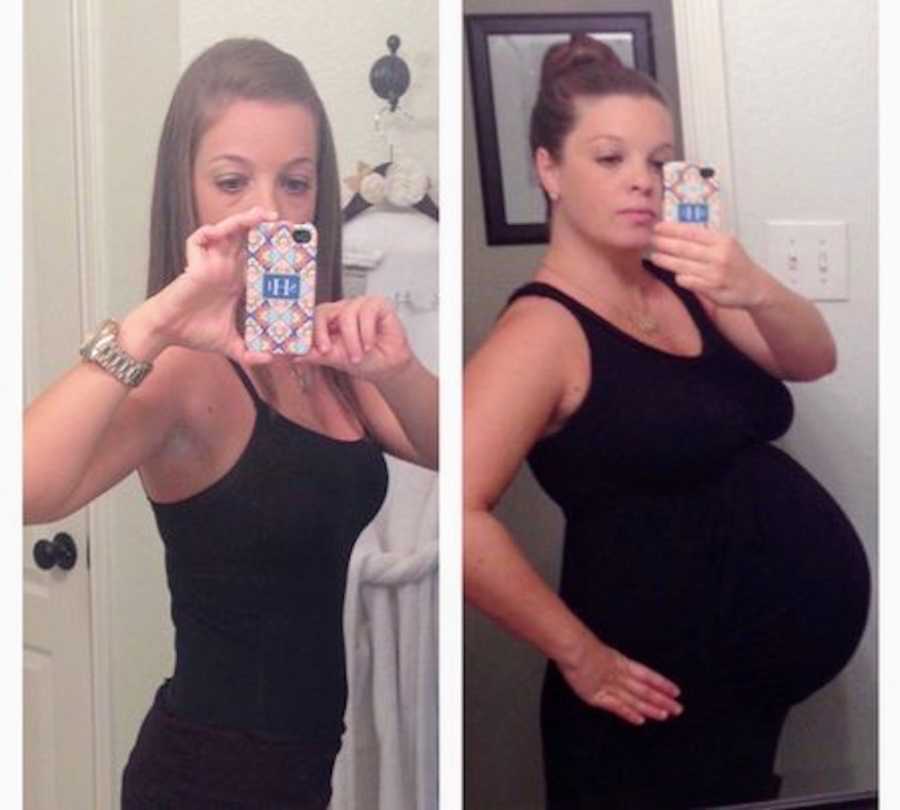Mirror selfie of woman before and after getting pregnant and gaining weight