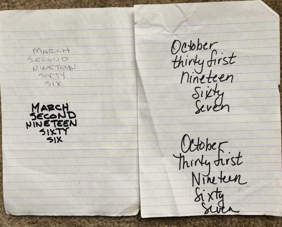 Pieces of notebook paper with man's handwriting on it that daughter wanted as tattoo