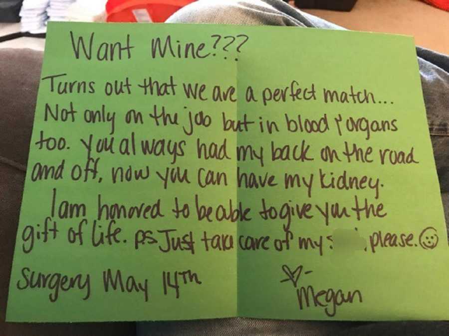 Handmade card written by wife to husband who tells him she can be her kidney donor
