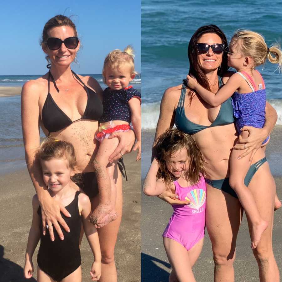 Side by side of mother with her two daughters on beach before and after lifting weights