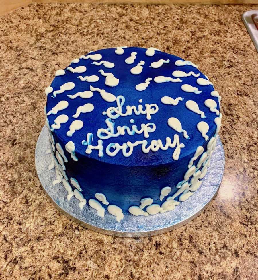 Cake for man's vasectomy that says, "snip snip hooray"