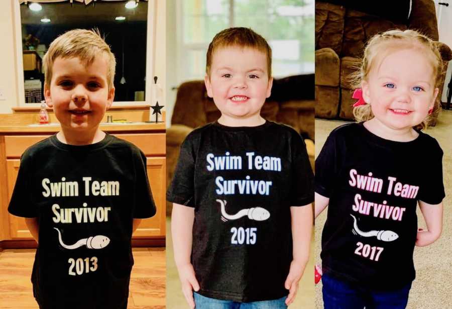 Collage of three kids wearing t-shirts that say, "swim team survivor" and they year they were born