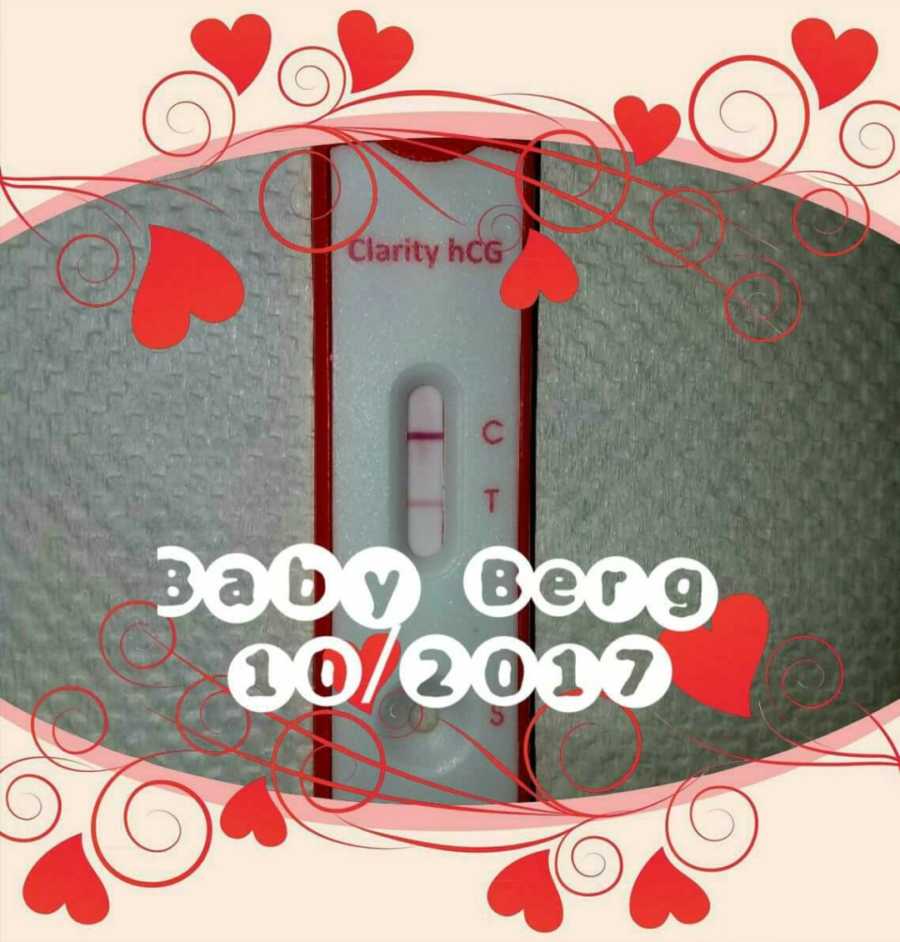 Close up of pregnancy test that is positive with words, "Baby Berg 10/2017" and hearts photoshopped over it
