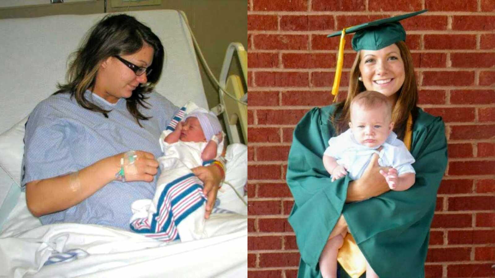 Teen mom holding newborn baby in hospital