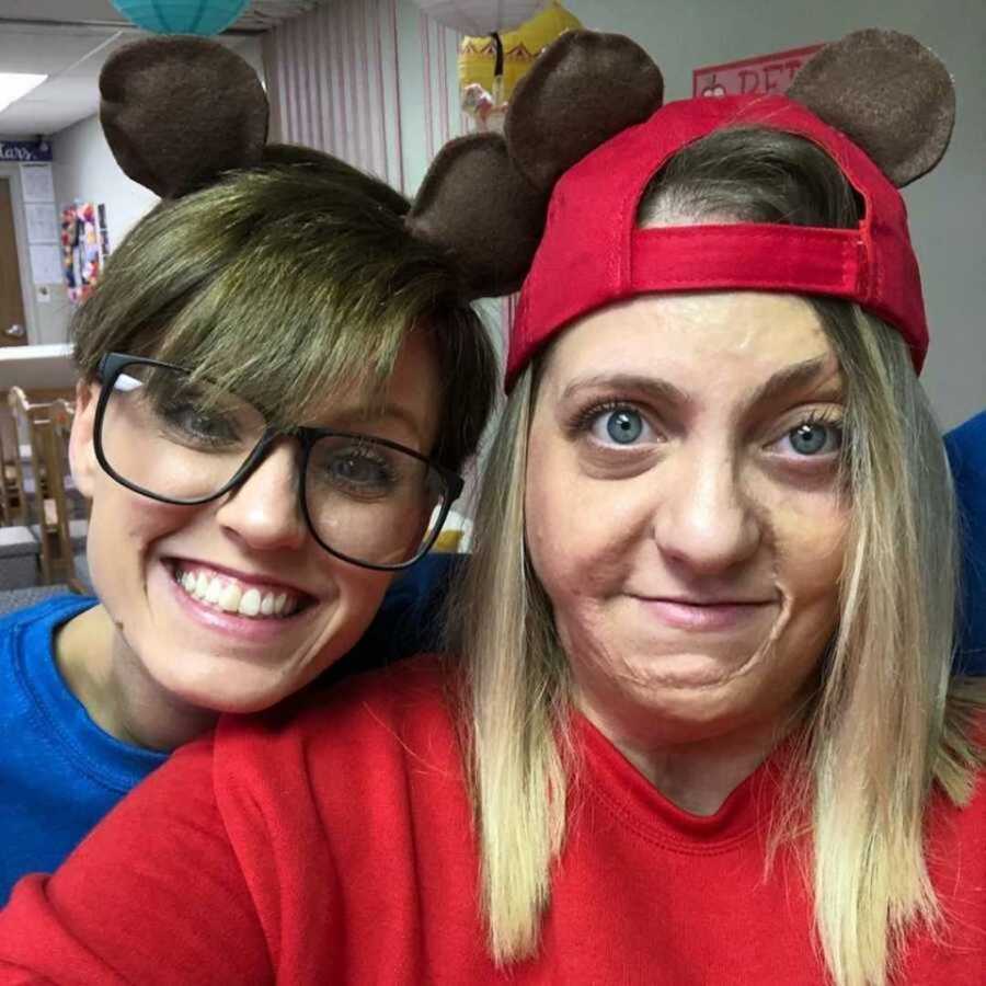 Burn survivors pose in bear ear headbands