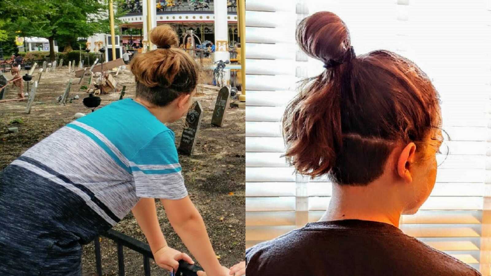 boy stands with long hair in bun