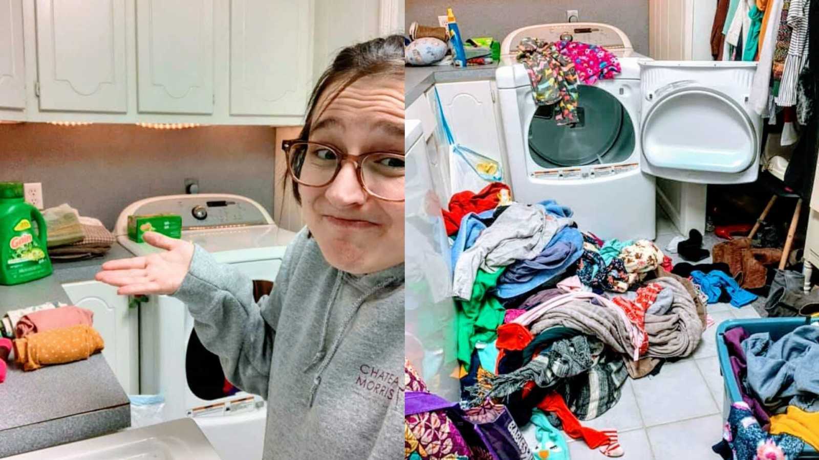 Piles of laundry surrounding open dryer machine