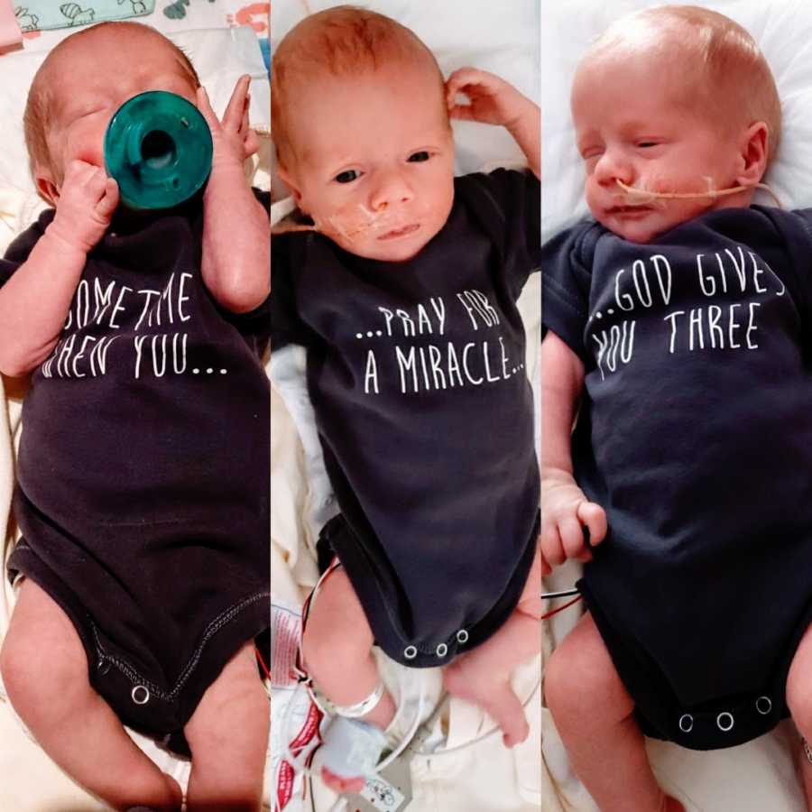 Triplets wearing matching onesies that say 'Sometimes when you pray for a miracle God gives you three'