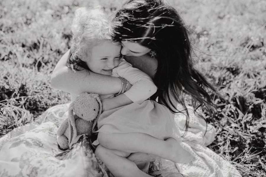 Black and white photo of mother and daughter