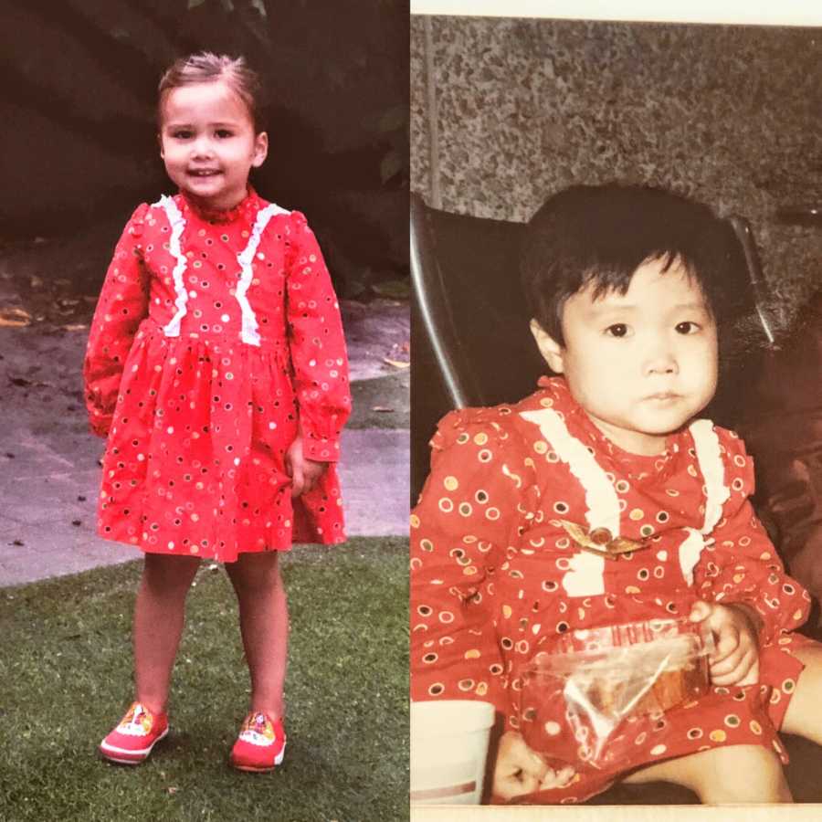 Two girls wear the same polka dot dress as a comparison between the mom when she was a child and her daughter now