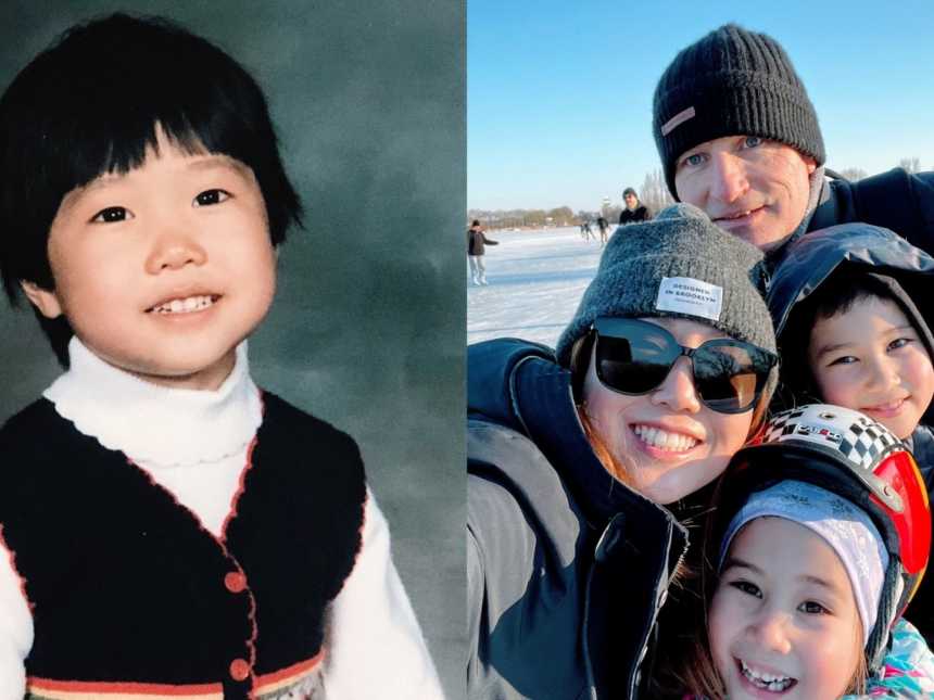 在左边，一个小女孩微笑着拍了一张学校照，在右边，一个四口之家的人都微笑着拍了一张滑雪旅行的照片