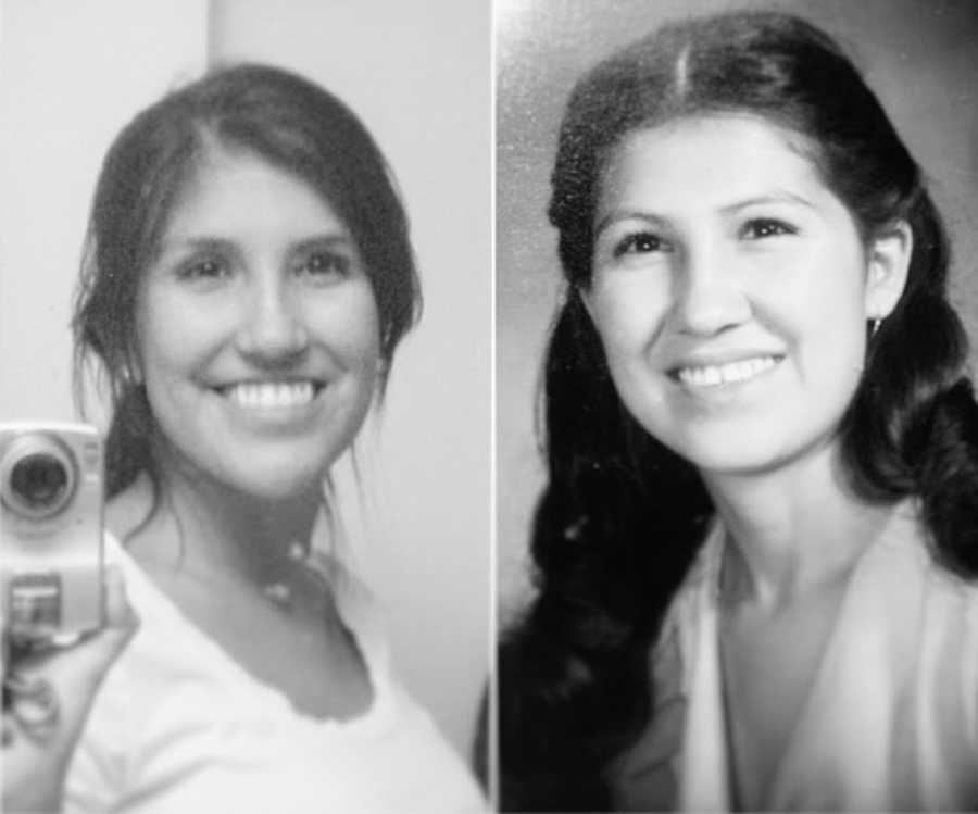 Side by side black and white photo of mother and daughter at same age