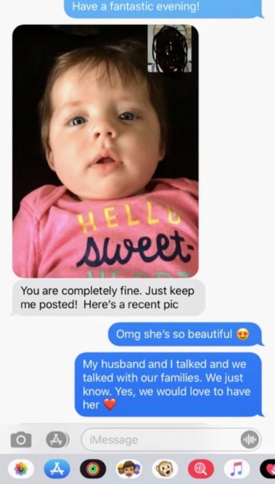 Screenshot of texts with baby photo